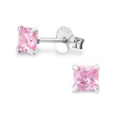 Joy|S - Zilveren vierkant oorbellen - 4 mm - kristal roze oorbellen