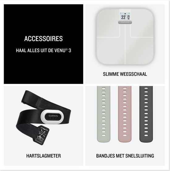 Collage met accessoires: een slimme weegschaal, een hartslagmeter en bandjes met snelsluiting in verschillende kleuren.