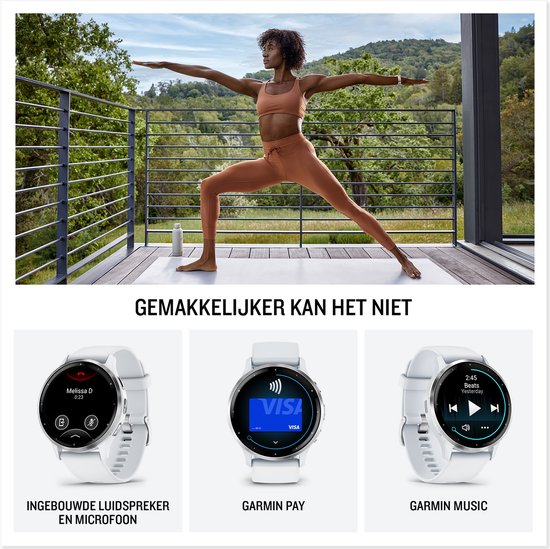 Collage van een vrouw die yoga doet, en witte smartwatches die "INGEBOUWDE LUIDSPREKER EN MICROFOON", "GARMIN PAY" en "GARMIN MUSIC" tonen.