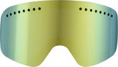 Goud-blauwe spiegelende skibril lens met ventilatiegaatjes. Twee opties worden getoond: een losse lens en een skibril met magnetisch systeem.