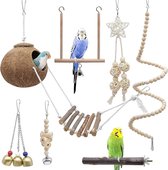 Vogel papegaai speelgoed, 7 stuks, kokosnoot vogelkooi met ladder, hangend zwaaien, klimmen, hangmat, gedraaide ladder, hout, kauwspeelgoed, klokken voor parkieten, Conure, Ara's, vinken