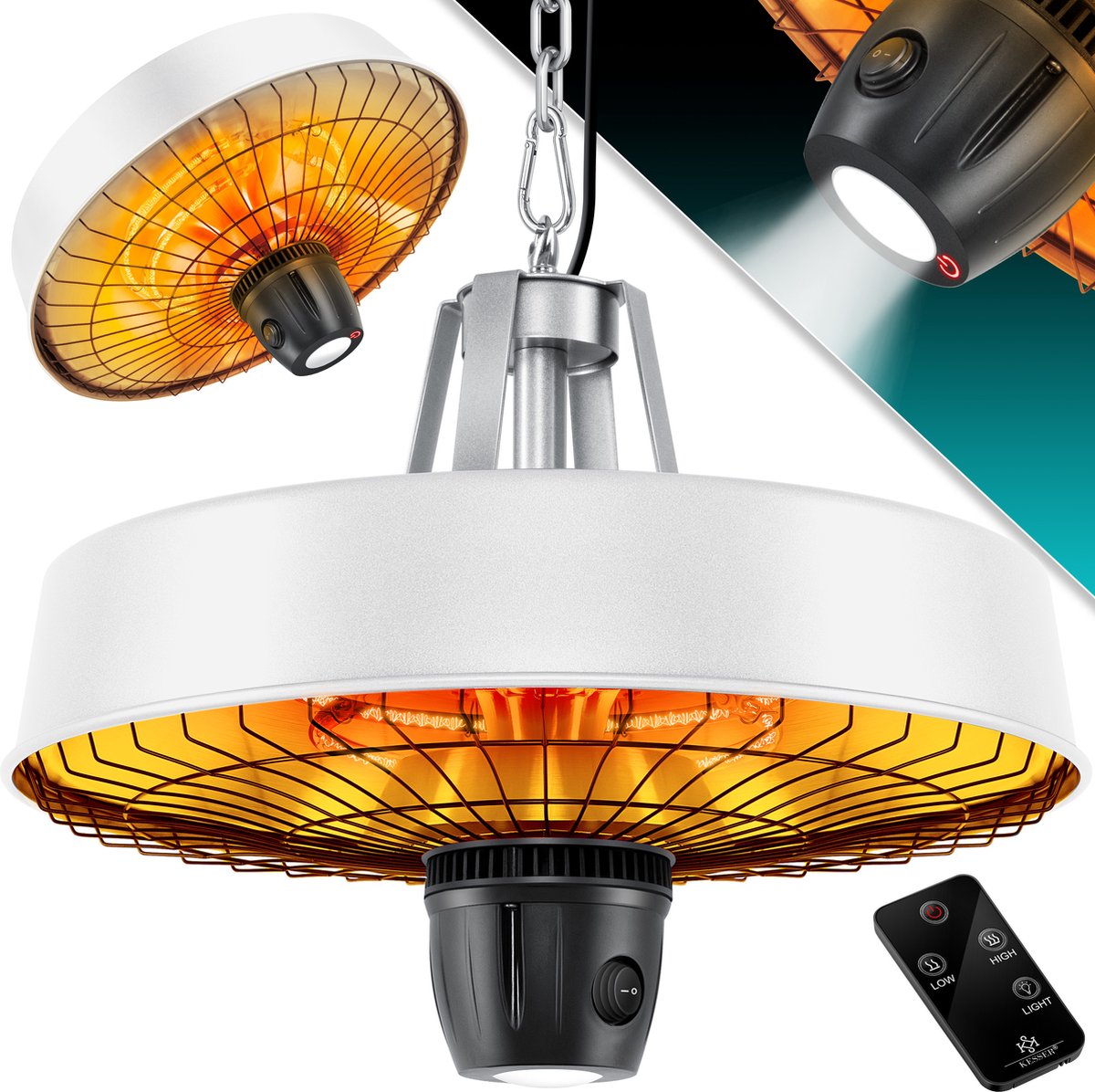 KESSER® Terrasverwarmer met afstandsbediening kwartsstraler | plafondstraler infraroodstraler 2500W | LED-licht | plafondstraler | infraroodstraler | met ketting + karabijnhaak koolstof verwarmingselement - Wit