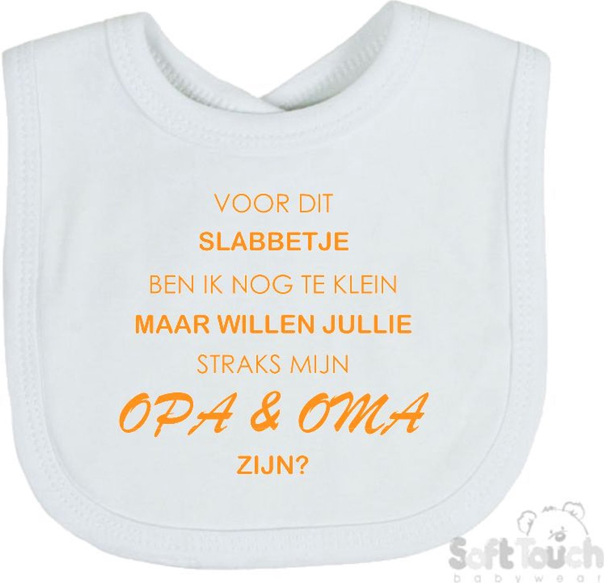 Goedkoopste Soft Touch Slabber Voor dit slabbetje ben ik nog te klein maar willen jullie straks mijn opa & oma zijn Unisex Katoen Wit/mosterd Maat 33x22 Cm