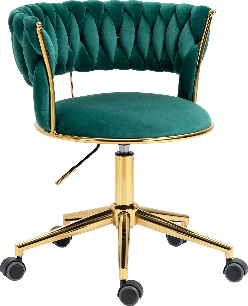 Merax Stoel op Wielen - Luxe Bureaustoel - Ergonomisch - Wieltjes - Draaibaar & Verstelbaar - Groen met Goud