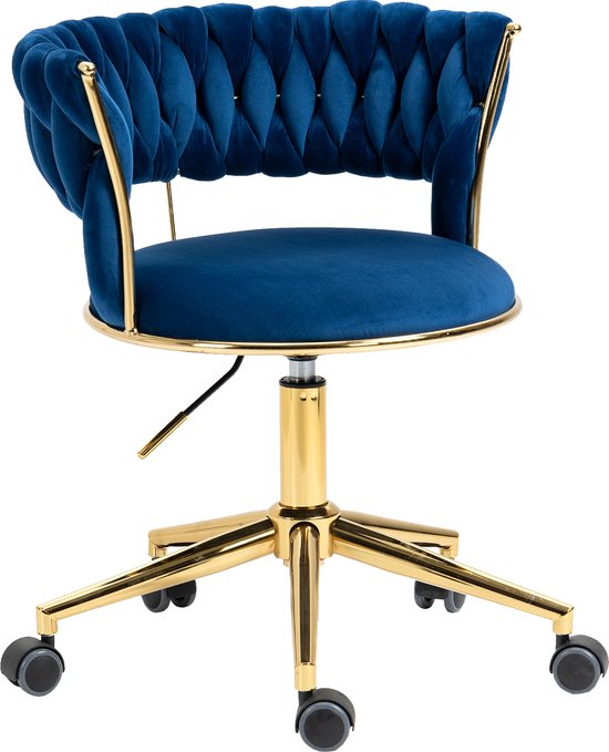 Merax Stoel op Wielen - Luxe Bureaustoel - Ergonomisch - Wieltjes - Draaibaar & Verstelbaar - Blauw met Goud