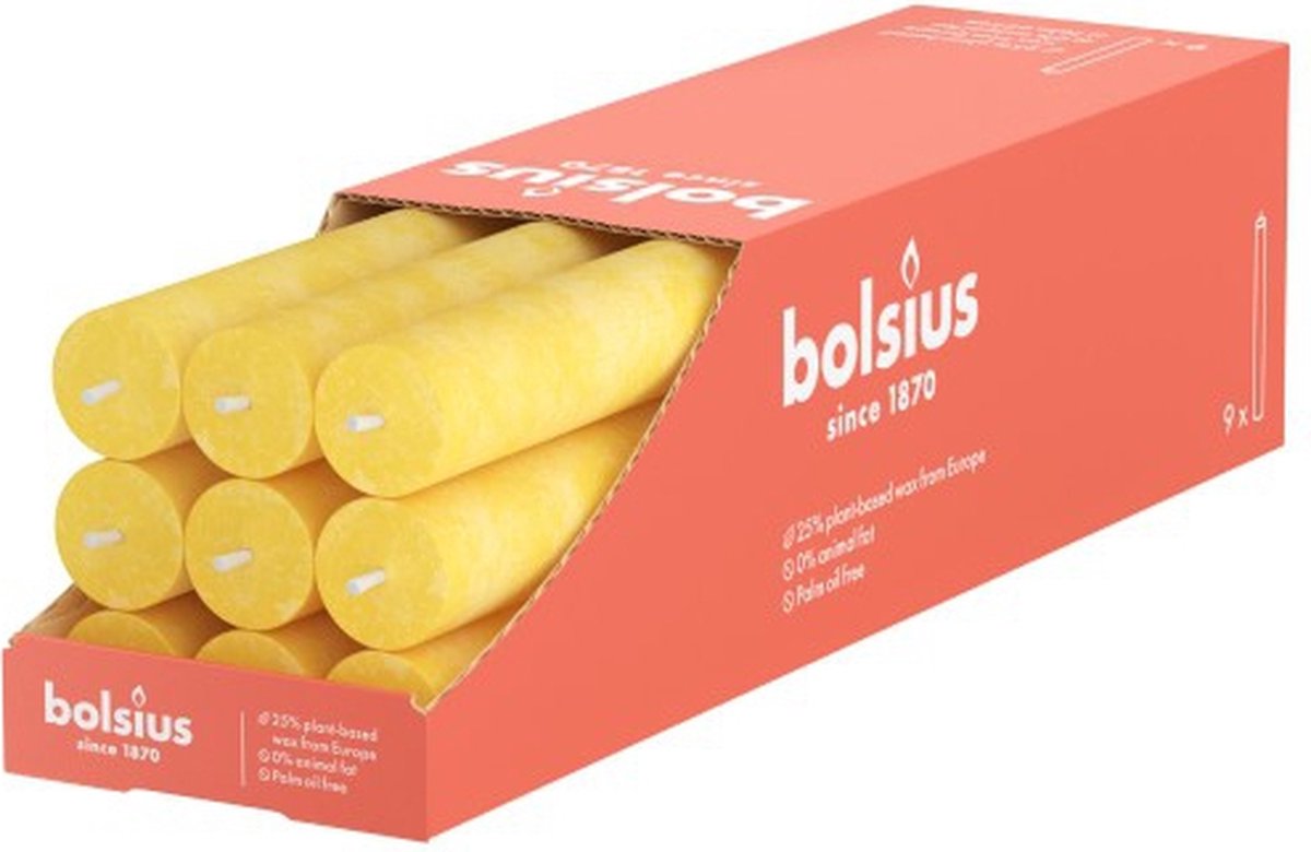 Bolsius Dinerkaars Rustiek Sunny Yellow 27 cm - 9 Stuks Geel