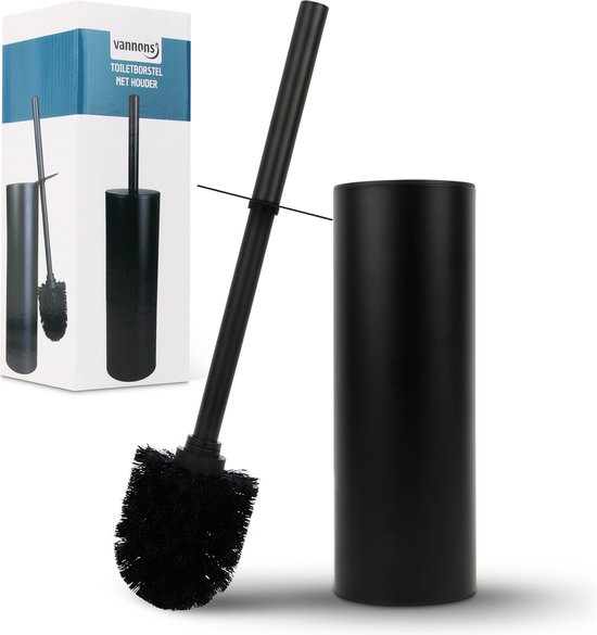 Brosse de toilette noire avec support en acier, emballée et déballée.