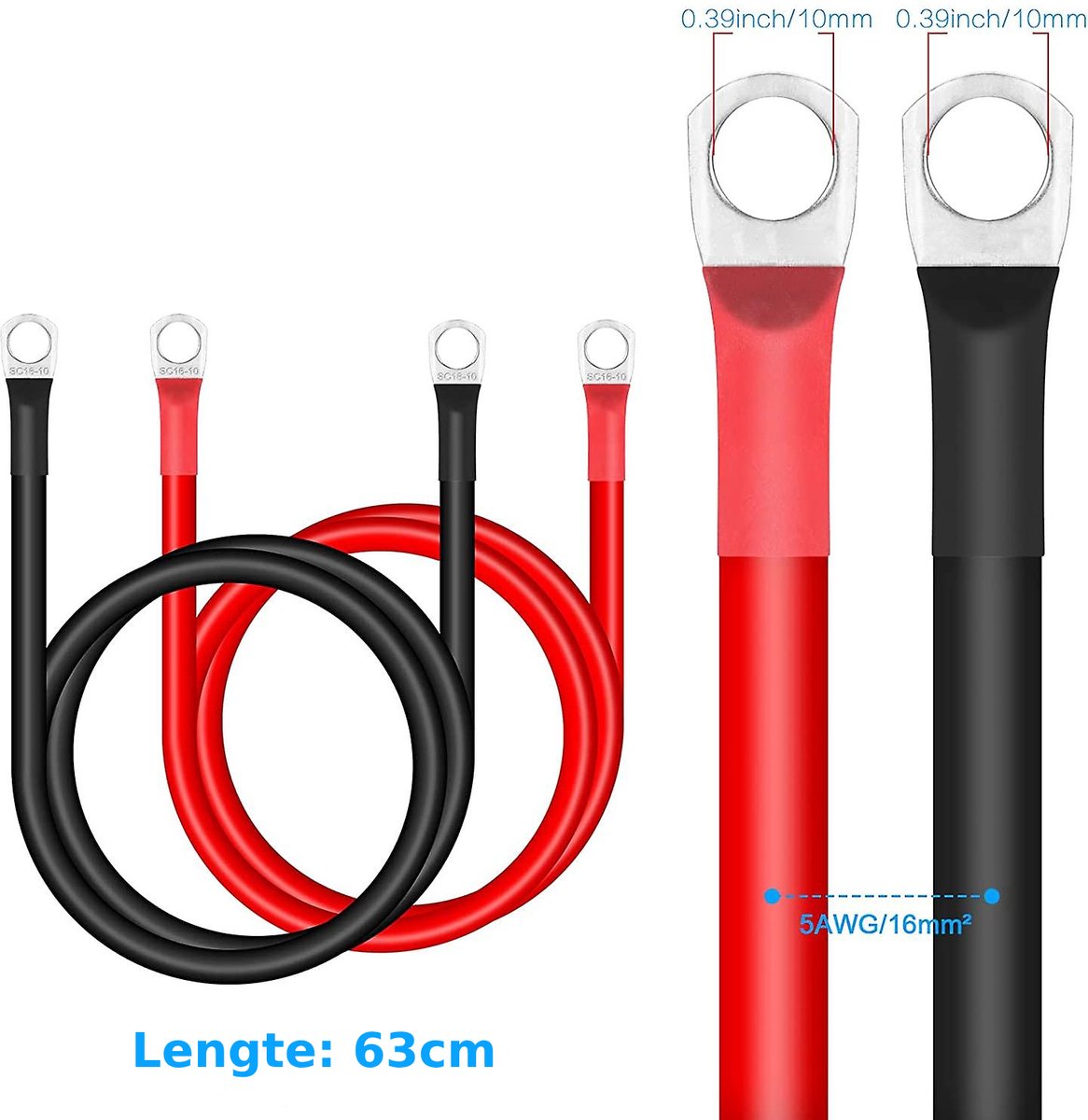 2 câbles de batterie avec œillets - 50 cm / 16 mm²