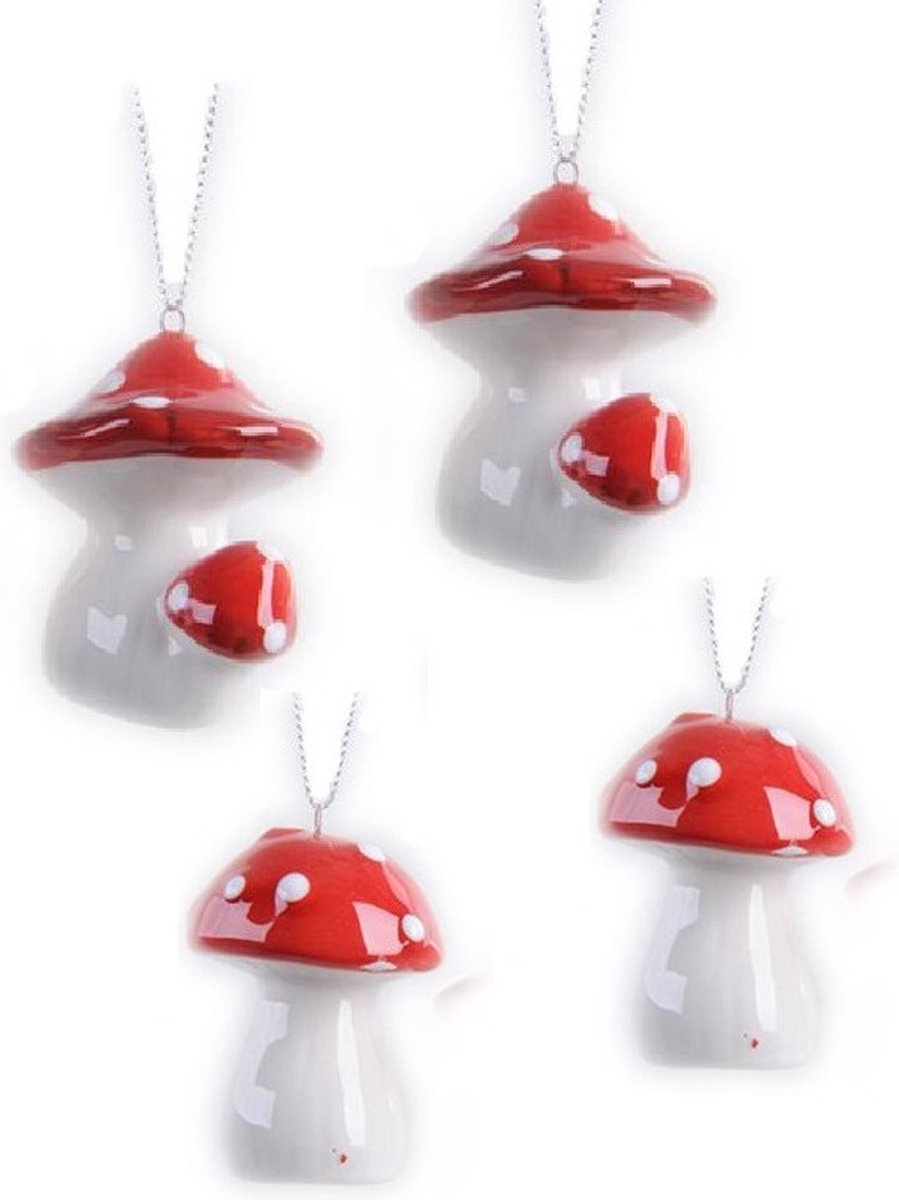 Decoris Kersthangers set 8x paddenstoel rood - kunststof - 4.5 x 4.5 cm - 2 soorten