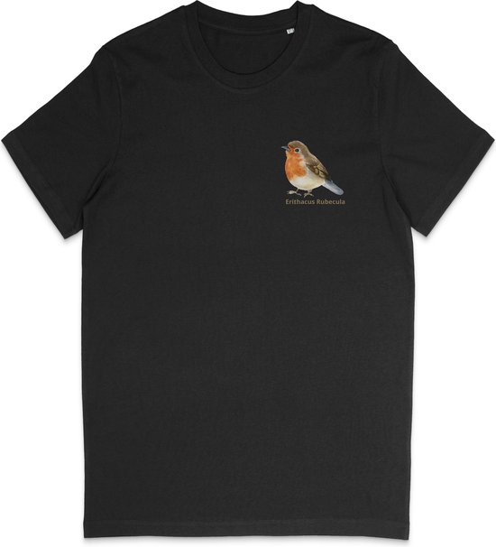 T Shirt Heren Print - T Shirt Dames Opdruk - Roodborstje - Vogelaar - Zwart - S