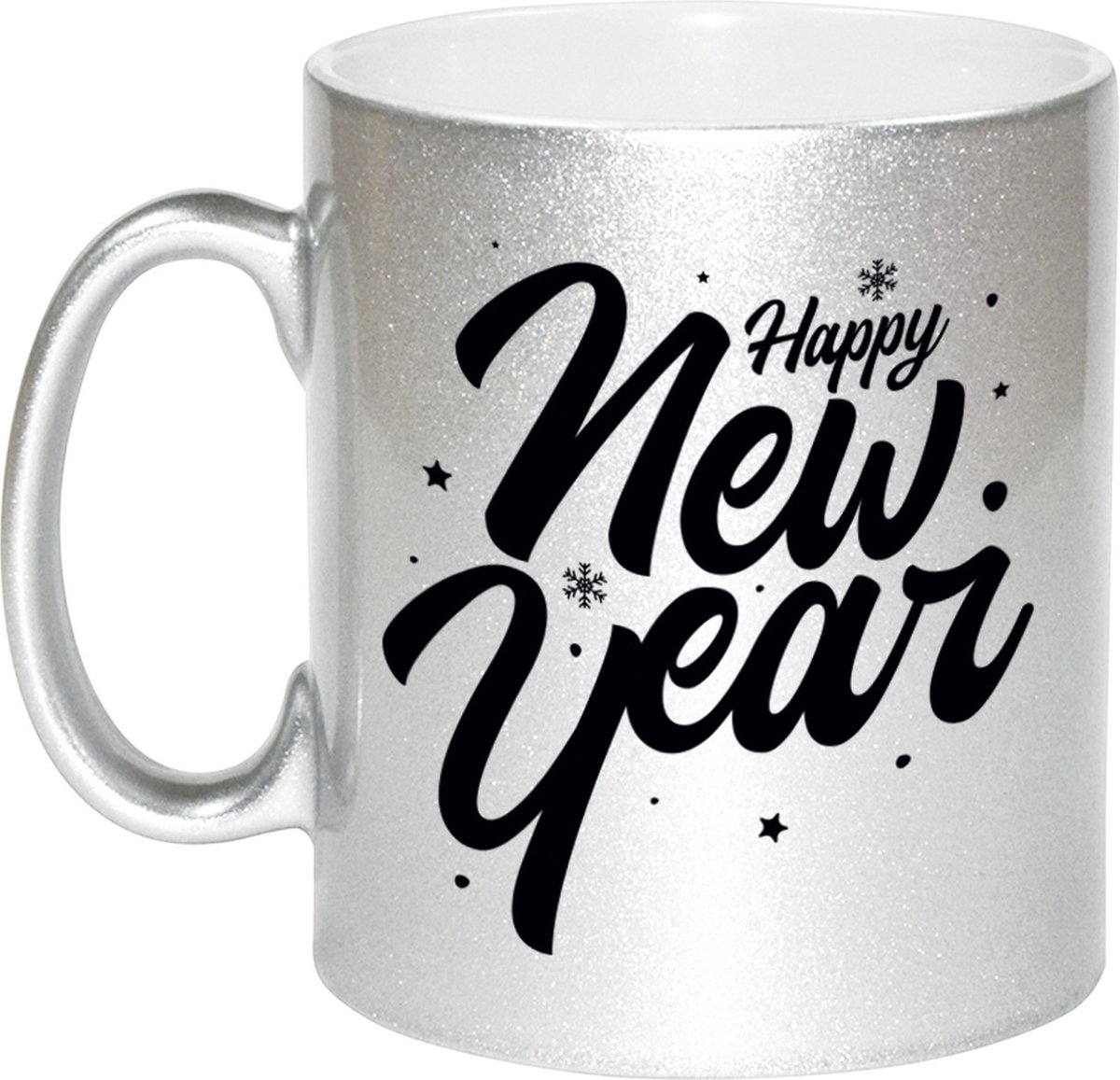 Cadeau mok/beker zilver happy new year - 330 ml - keramiek - Oudejaarsdag / nieuwjaar