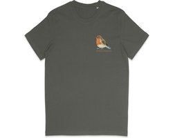 T Shirt Heren Print - T Shirt Dames Opdruk - Roodborstje - Vogelaar - Khaki Groen - M
