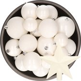 Décorations de Noël de Noël boules de Noël synthétiques blanc hiver 6-8-10 cm paquet de 27x pièces - Avec pointe étoile de 19 cm