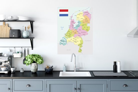 Pastel gekleurde kaart van Nederland 60x80 cm - Foto print op Poster (wanddecoratie woonkamer / slaapkamer)