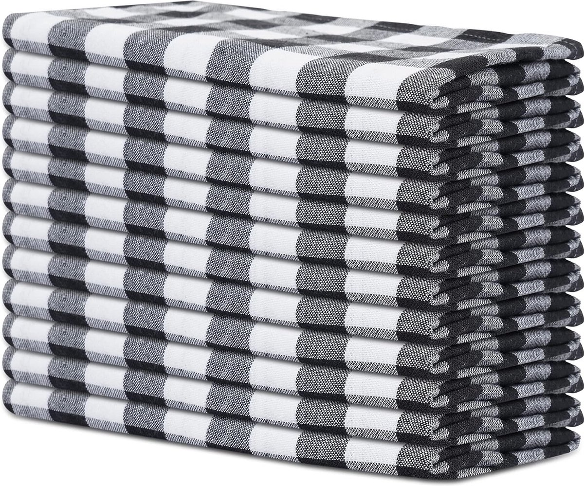 Gingham Buffalo Checks Diner Servetten 12 Pack - Zwart-Wit - 50x50 CM -100% Katoen Garen Geverfd -Oversized, Zware Kwaliteit, Lint Free, Hotel Grade, Omzoomd met Verstekte hoeken