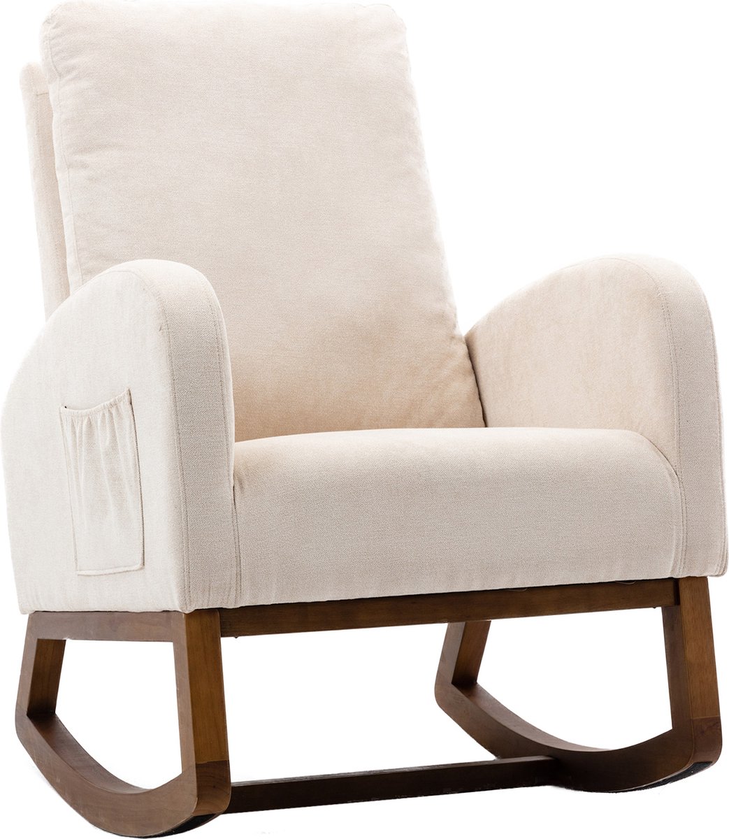 Merax Gestoffeerde Mid-Century Schommelstoel - Moderne Relaxstoel met Hoge Rug - Schommel Stoel - Beige