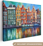 Canvas schilderij - Amsterdam - Olieverf - Kunst - Gracht - Architectuur - Canvasdoek - Schilderijen op canvas - Woonkamer decoratie - Slaapkamer - Kamer decoratie - Foto op canvas - 80x60 cm - Canvas doek