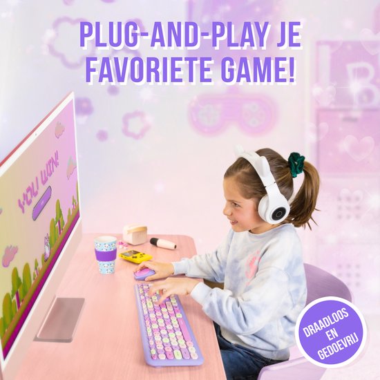 Toetsenbord en Muis Set QWERTY Retro - Draadloos - USB- C-- Stil Toetsenbord - Retro Paars - Gaming Toetsenbord - Silvergear