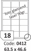 R0119.0412.A Rayfilm Hoogglans zelfklevende etiketten voor laser 80gr 63.5x46.6 mm - 18 per blad - 1800 etiketten per doos van 100 vel
