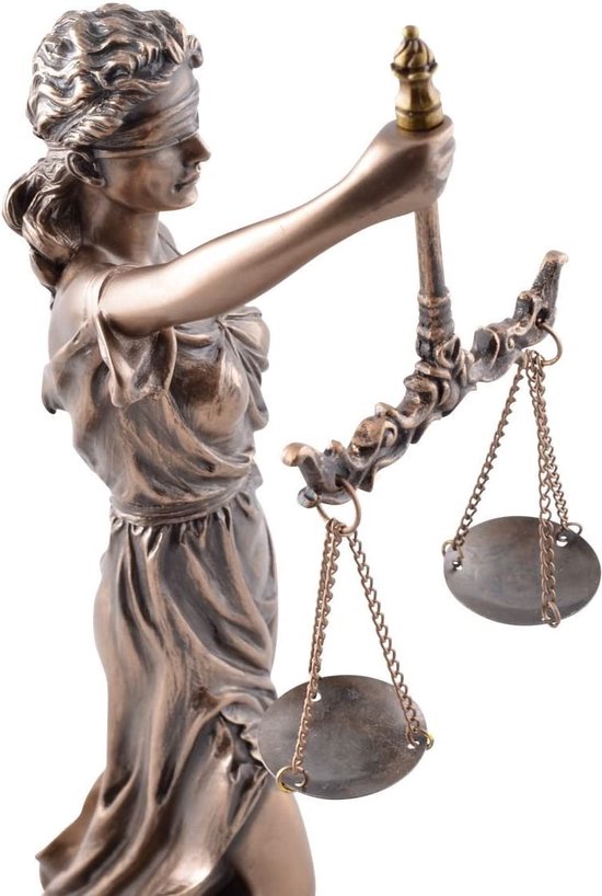 Justitia Romeinse Godin van Rechtvaardigheid - Veronese Design - Bronskleurig beeld - Hoogte 33cm - Vrouwe Justitia van Veronese Design met blauw doorschijnende jurk -