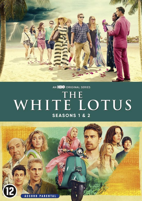 Poster van de tv-serie The White Lotus: Seizoenen 1 & 2. Deel 1 toont een groep mensen op het strand bij onweer. Deel 2 toont portretten van de cast, inclusief een vrouw op een scooter.