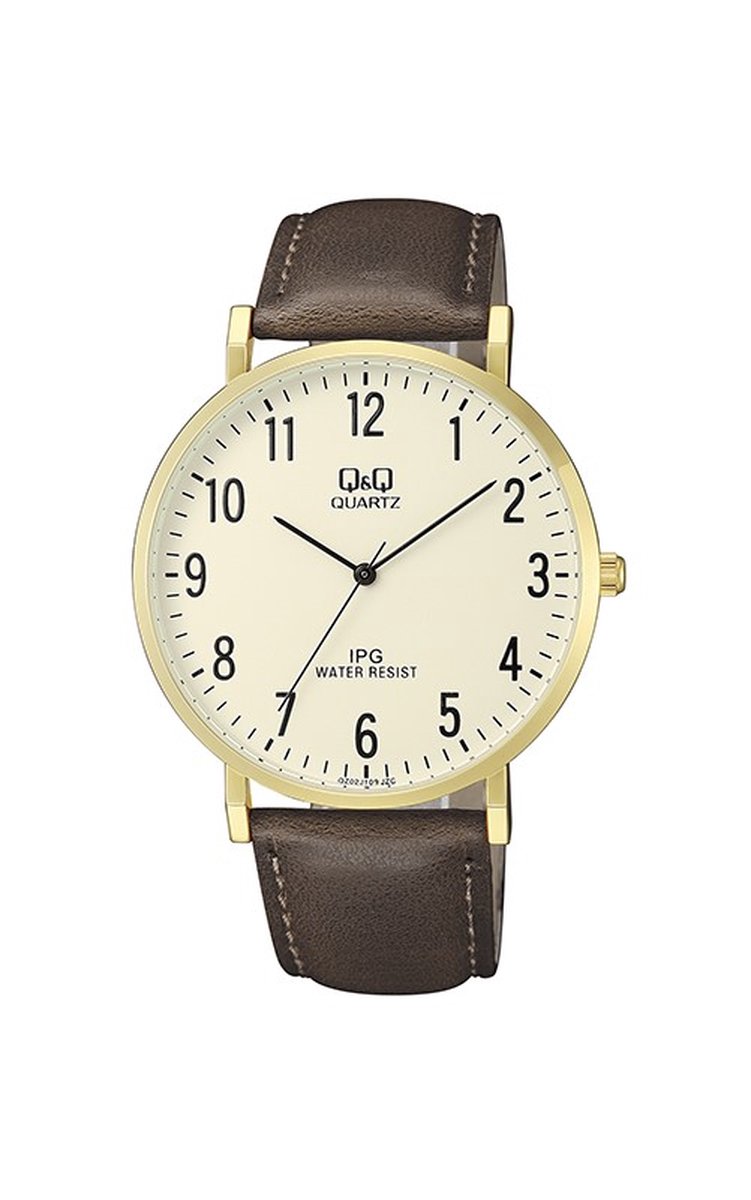 QQ QZ02J103Y - Horloge - Analoog - Mannen - Heren - Leren band - Rond - Metaal - Cijfers - DonkerBruin - Goudkleurig - Crème - 3ATM