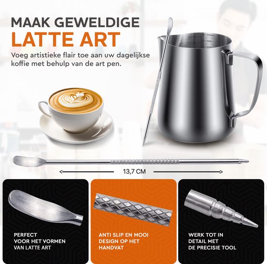 HGMD Melkkan 350ml - Melkkannetje opschuim - Melkopschuimkan - Milk Pitcher - Melkkannetje - Inclusief Art Pen & Strooipotje - Latte Art - RVS - HGMD®