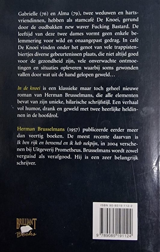 Boek "In de Knoei" van Herman Brusselmans. ISBN 9789085191124. Achterzijde met tekst.