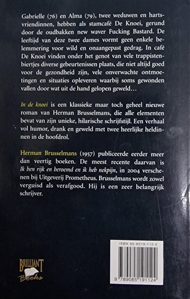 Boek "In de Knoei" van Herman Brusselmans. ISBN 9789085191124. Achterzijde met tekst.