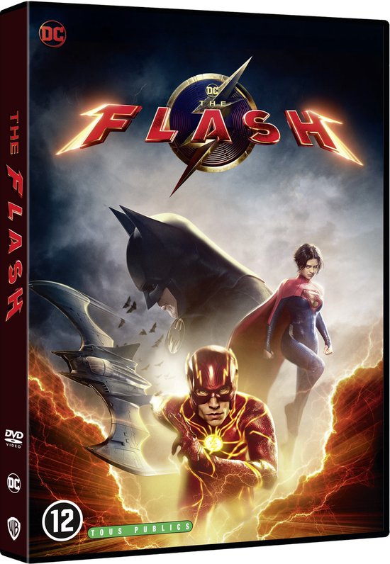De Flash DVD-hoes met de Flash, Batman en Supergirl op een stormachtige achtergrond.