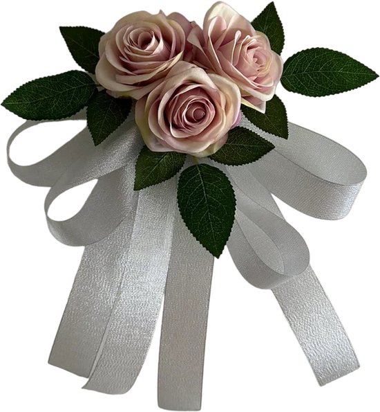 Kanten autoboeket, autoversiering, bruidspaar, rozen, decoratie, huwelijk, auto, bruiloftsdecoratie (SS mix wit