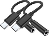 2x Adaptateur JUALL USB-C vers Jack 3,5 mm - Câble Aux vers USB-C - Adaptateur Audio Connecteur Écouteurs - Convient pour Samsung, Huawei, Xiaomi, Oppo - Zwart Tressé