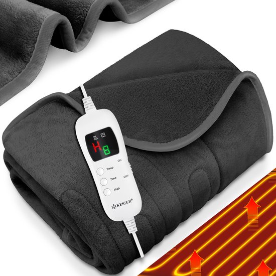 KESSER® Elektrische Warmtedeken | pluche elektrische onderdeken | Deken met timer die | automatisch uitschakelt | warmte-onderdeken | 9 temperatuurstanden - Donkergrijs, L (160 x 120 cm)