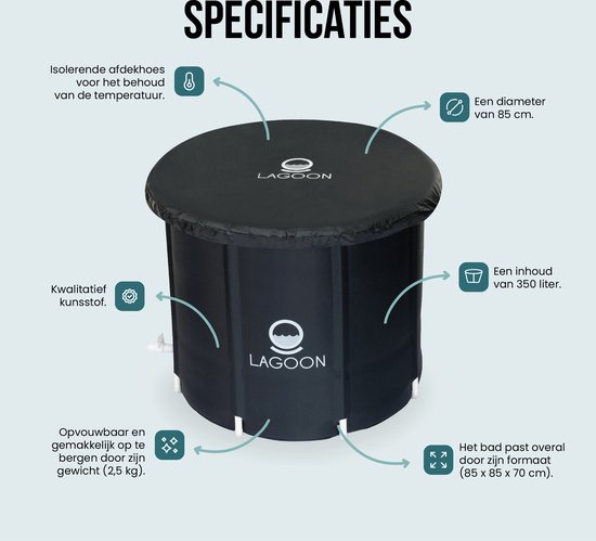 Zwart, opvouwbaar Lagoon bad met deksel en specificaties: isolerende hoes, kunststof, 85 cm diameter, 350 liter inhoud.