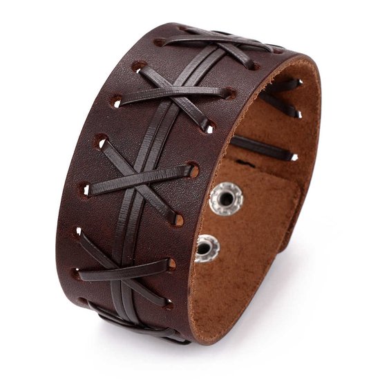 Stalen herenarmband rond leer donker bruin 6mm | -NL