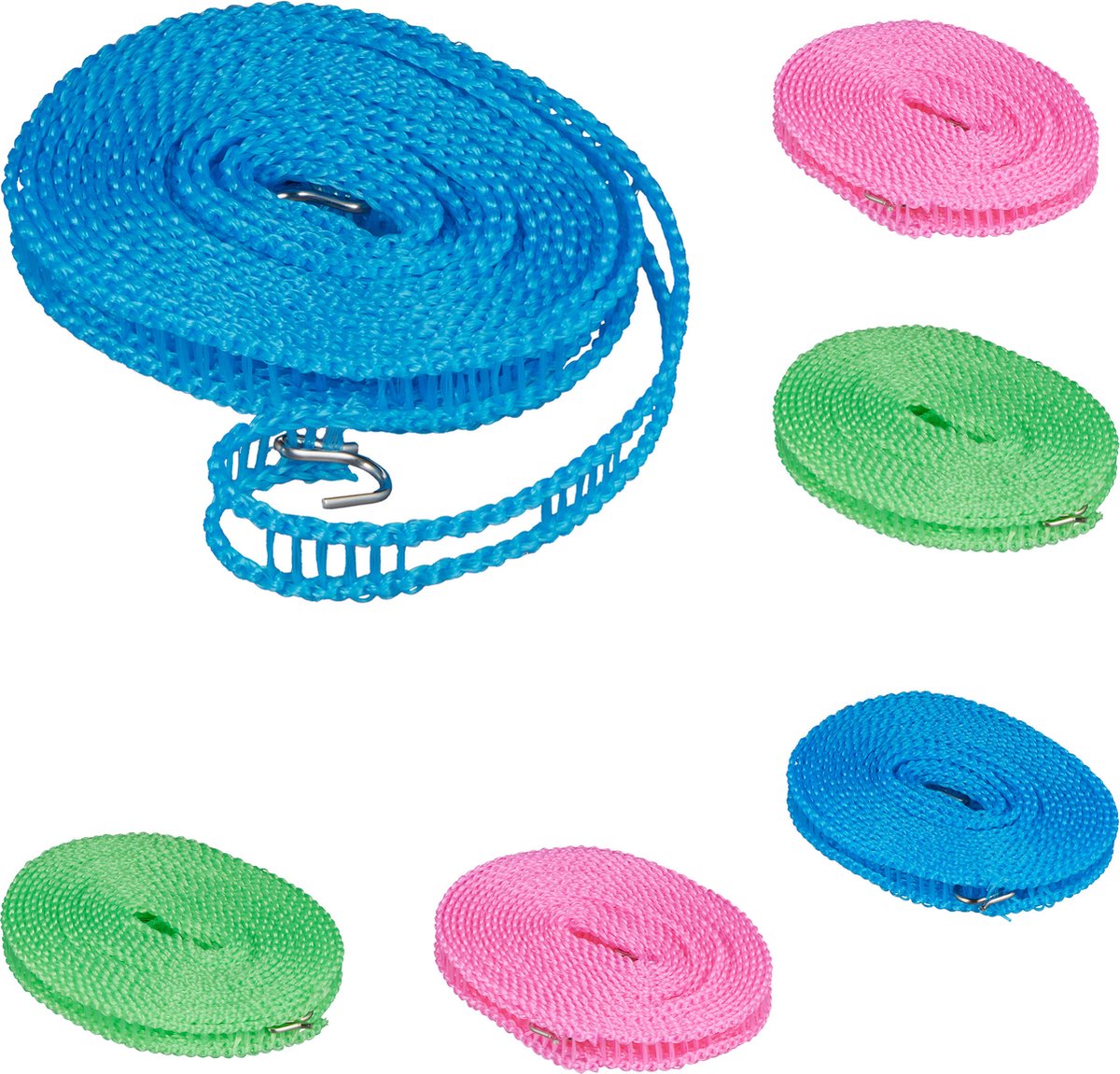 Goedkoopste waslijn set van 6 - 5m - antislip - camping - reizen - wasdraad - blauw-roze-groen
