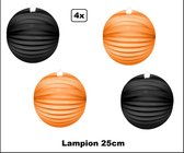 4x Lampion Oranje/zwart 25cm - festival thema feest verjaardag party papier BBQ strand licht fun