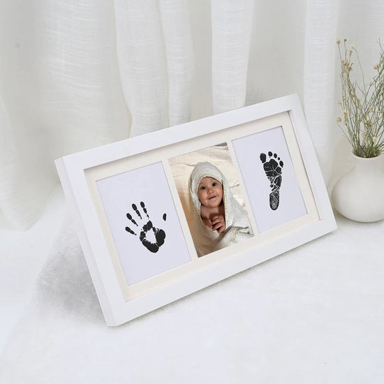 DW4Trading Fotolijst Voet en Hand Inktafdruk Set Baby Wit - incl. 2x Stempelkussen - 35x18cm