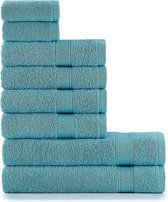 Handdoekenset turquoise met hangers katoen - 2 badhanddoeken (70 x 140 cm), 4 handdoeken (50 x 90 cm) en 2 gastendoekjes (30 x 50 cm), zacht en absorberend