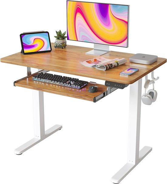 In hoogte verstelbaar elektrisch sta-bureau met toetsenbordlade, 100 x 61 cm zit-sta bureau met splitplank, wit frame/licht rustiek bruin blad