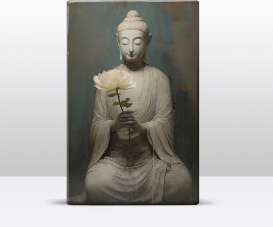 Buddha met bloemen - Laqueprint - 19,5 x 30 cm - Niet van echt te onderscheiden handgelakt schilderijtje op hout - Mooier dan een print op canvas. - LW536