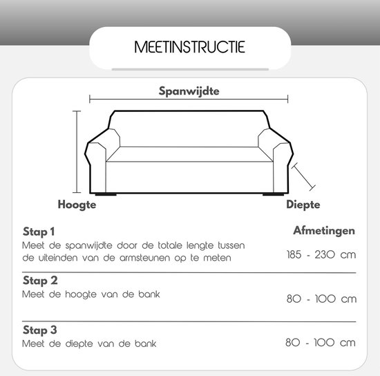 Meetinstructies voor een bank, met afmetingen voor breedte (185-230 cm), hoogte (80-100 cm) en diepte (80-100 cm).