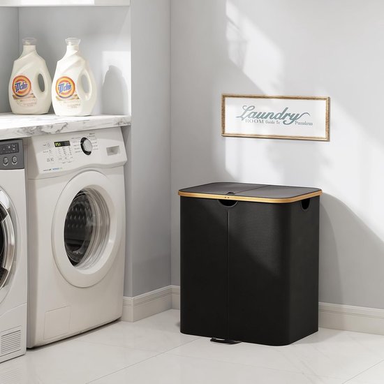 LONBET Wasmand Met Deksel & 2 Compartimenten 150L Groot Ademend Stevig Bamboe Frame Inclusief Uitneembare Waszak Wasbaar Wasmanden Waterdicht Zwart 2252526712