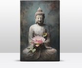 Buddha met bloemen - Laqueprint - 19,5 x 30 cm - Niet van echt te onderscheiden handgelakt schilderijtje op hout - Mooier dan een print op canvas. - LW529