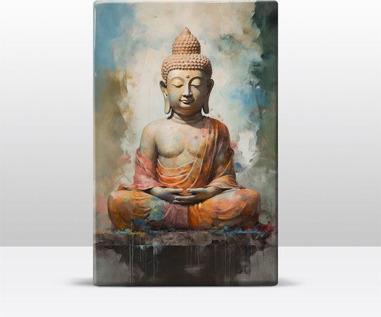 Buddha in oranje gewaad - Laqueprint - 19,5 x 30 cm - Niet van echt te onderscheiden handgelakt schilderijtje op hout - Mooier dan een print op canvas. - LW538