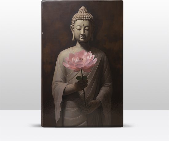 Buddha met bloemen - Mini Laqueprint - 9,6 x 14,7 cm - Niet van echt te onderscheiden handgelakt schilderijtje op hout - Mooier dan een print op canvas. - LWS517