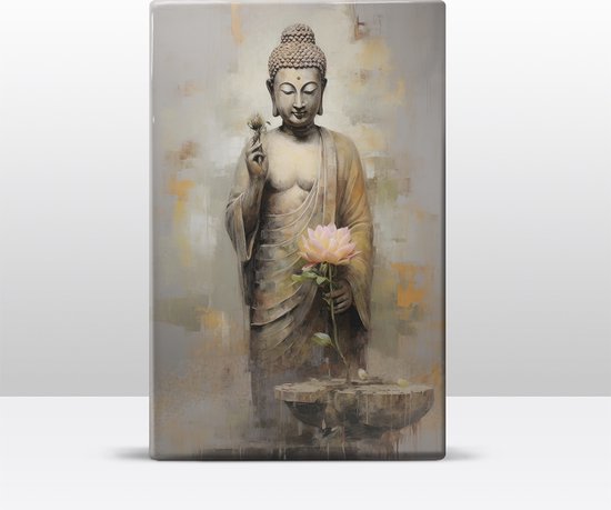 Buddha met bloemen - Laqueprint - 19,5 x 30 cm - Niet van echt te onderscheiden handgelakt schilderijtje op hout - Mooier dan een print op canvas. - LW515