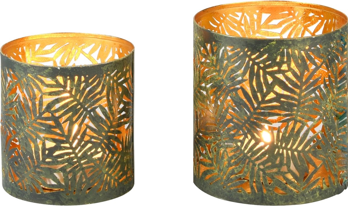 Dekoratief | Set 2 Waxinelichthouders 'Palm Leaves', groen/goud, metaal, 13x13x13cm | A238165
