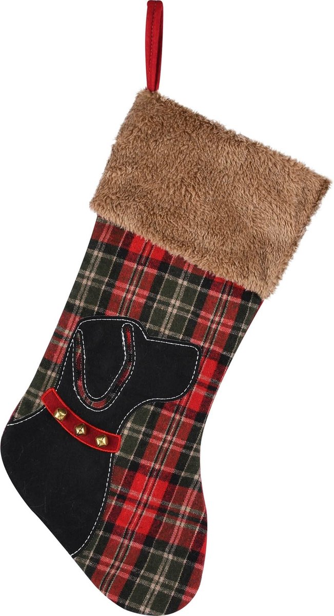 dekoratief Kerstkous m/hond, rood/zwart geruit, textiel, 24x46cm | A225471