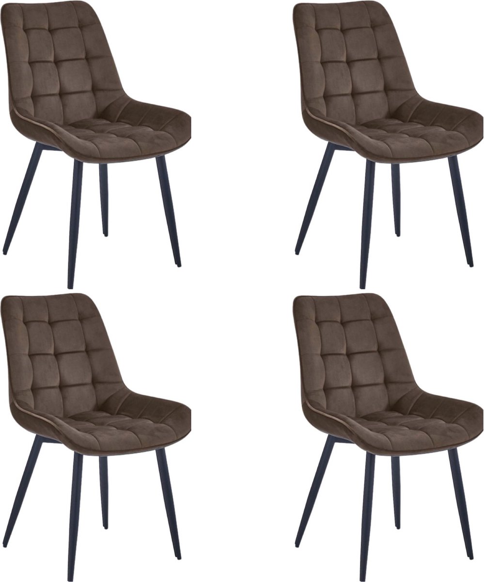 Colenis® - Quadra Eetkamerstoel - Set Van 4 - Bruin - Fluweel - Industrieel